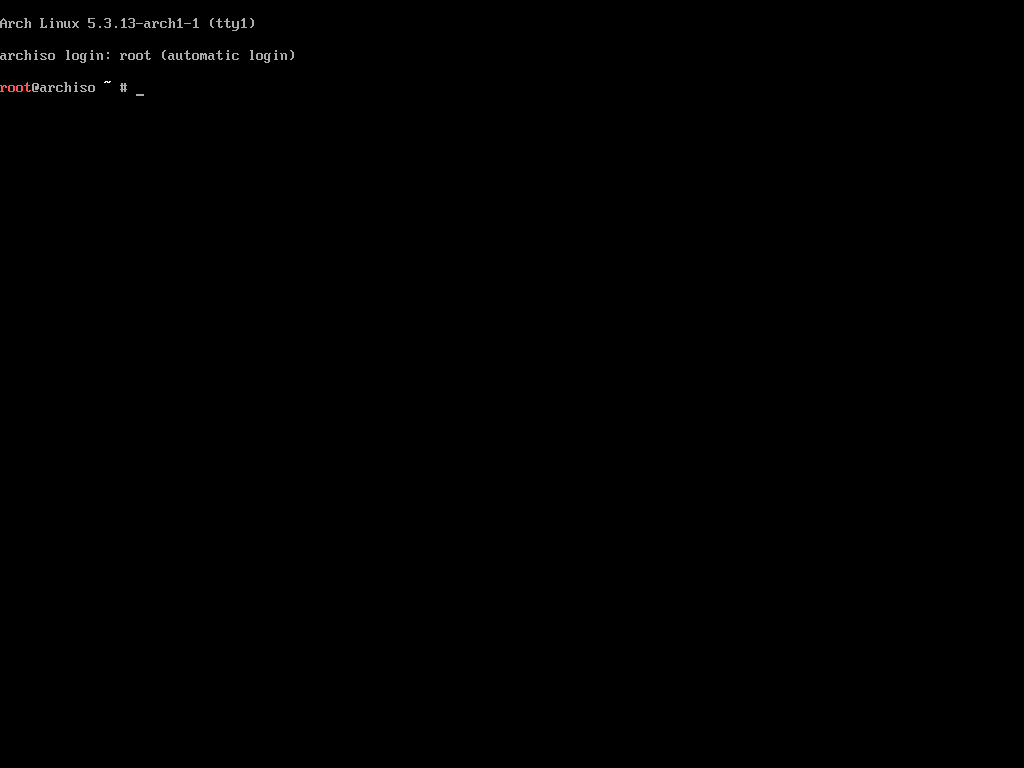 Bildschirmfoto nach dem erfolgreichen Hochfahren des Arch Linux-Installationssystems