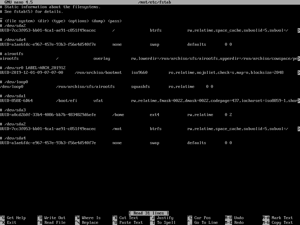 Bildschirmfoto der Dateisystemtabelle