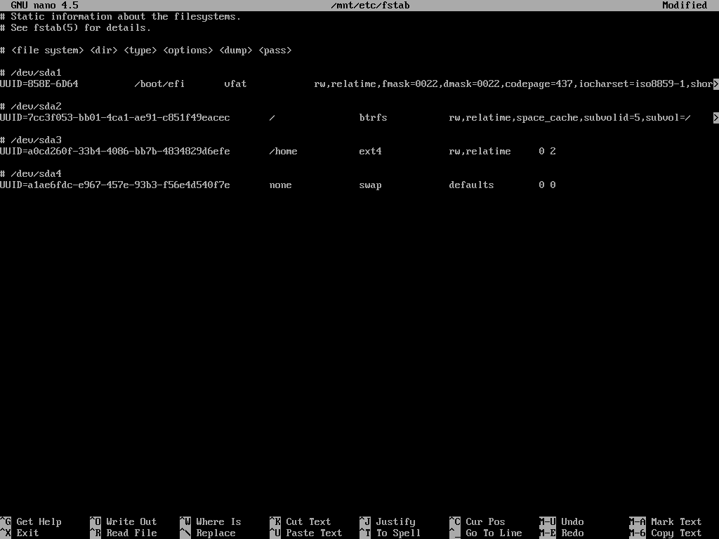 Bildschirmfoto der angepassten Dateisystemtabelle