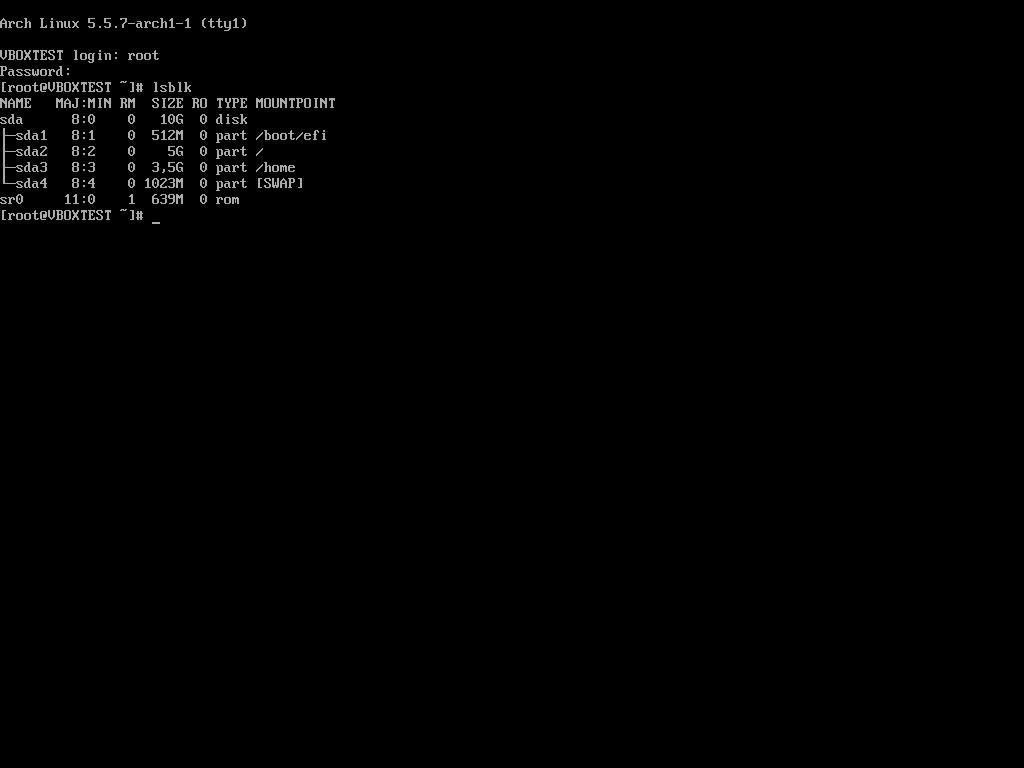 Bildschirmfoto des lsblk-Befehls beim installierten System
