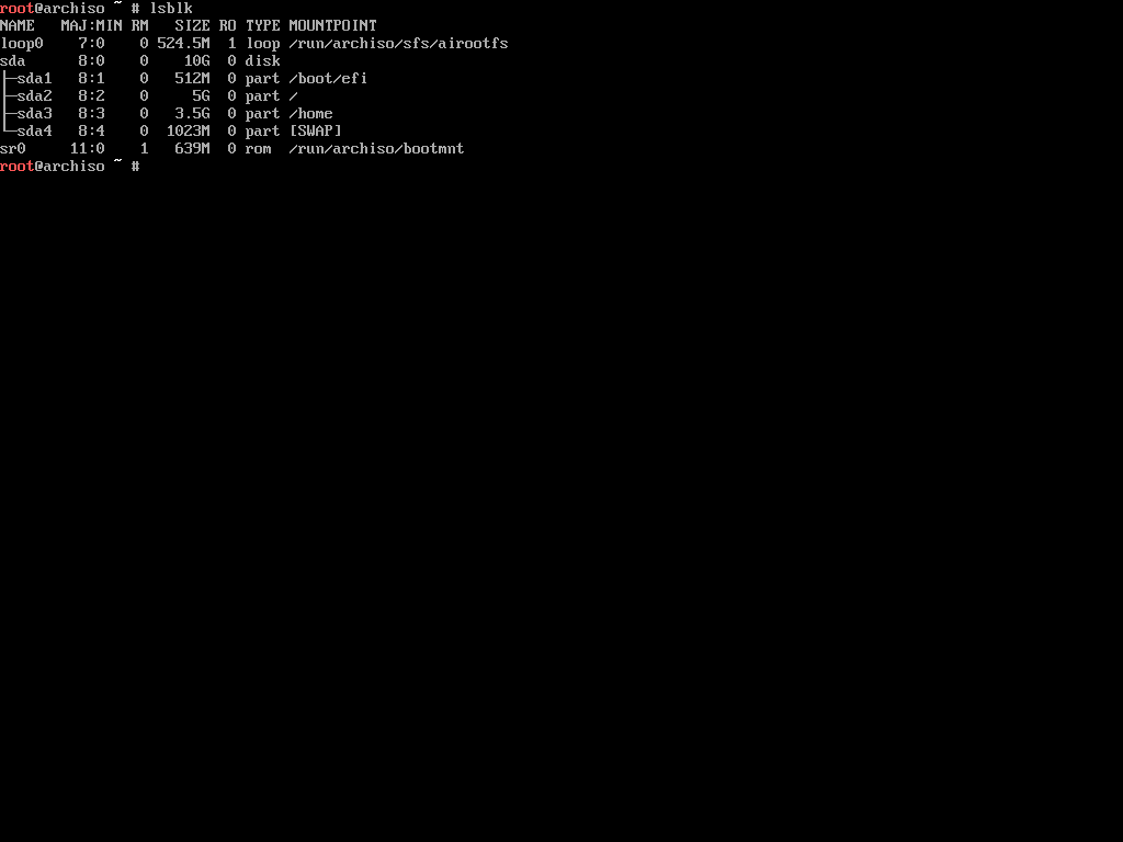 Bildschirmfoto des lsblk-Befehls nach der Formatierung